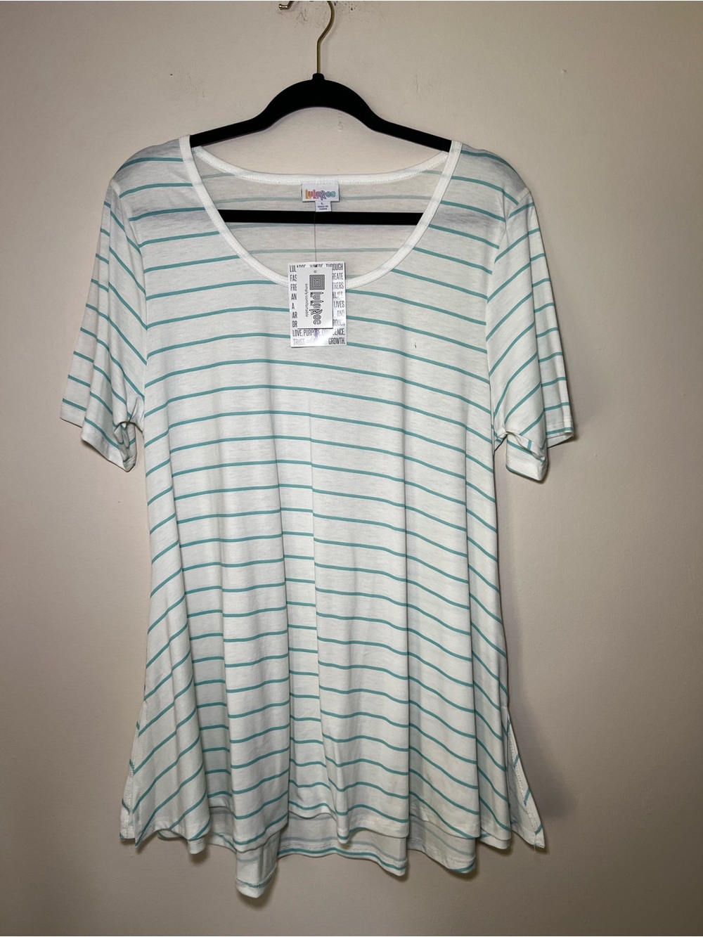 LuLaRoe Perfect T White & Teal Striped Scoop Neck